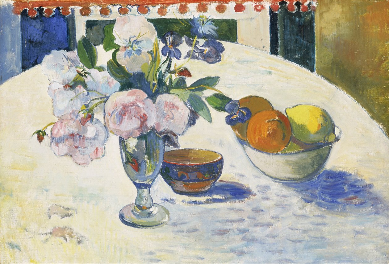 Virágok és egy tál gyümölcs az asztalon alkotó: Paul Gauguin
