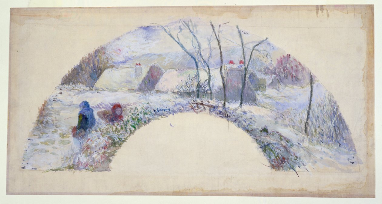 Kert hó alatt, terv egy legyezőhöz, 1885 körül (fekete kréta és testszín, fekete kréta, finom vászon) alkotó: Paul Gauguin