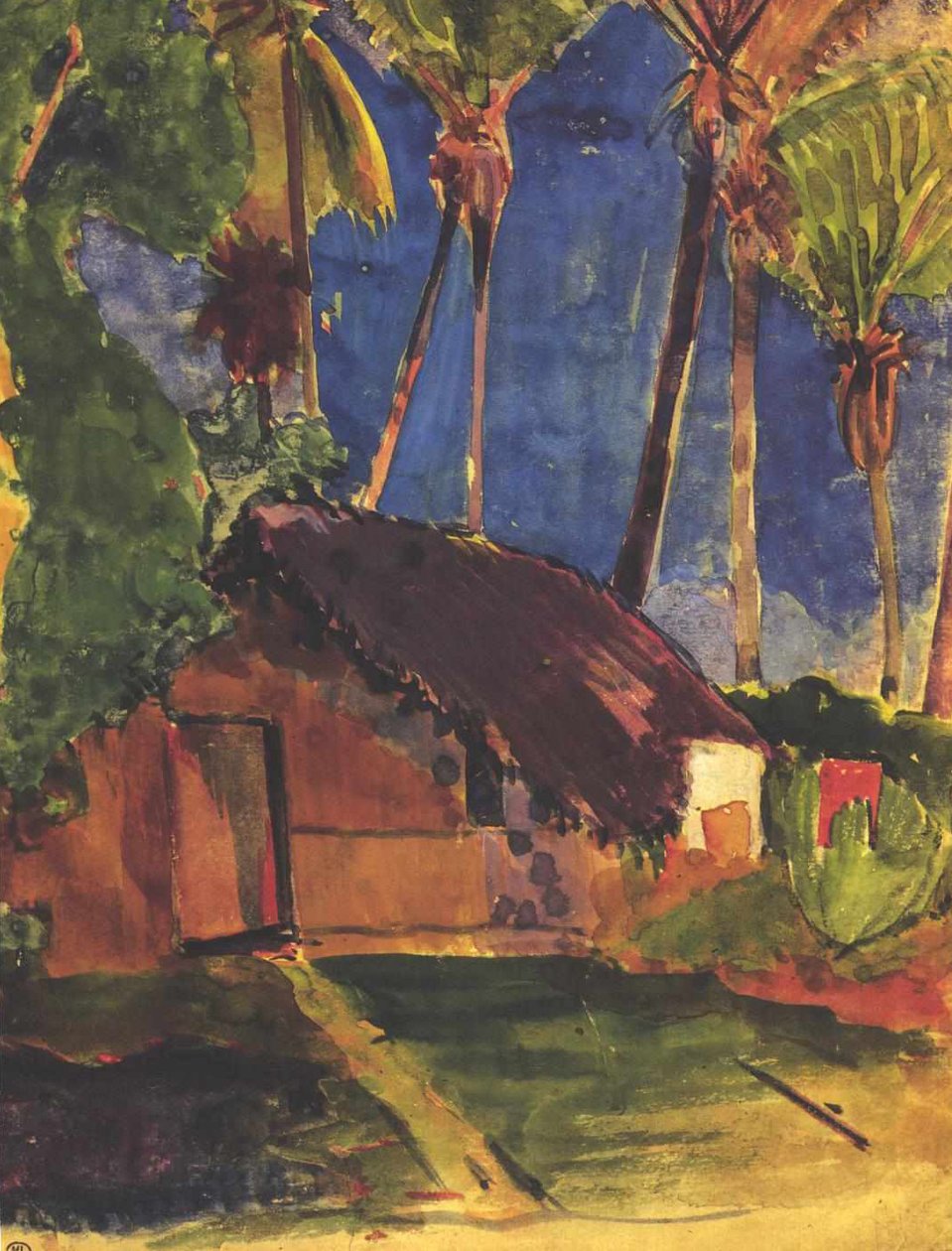 Szalma -kunyhó pálmafák alatt alkotó: Paul Gauguin