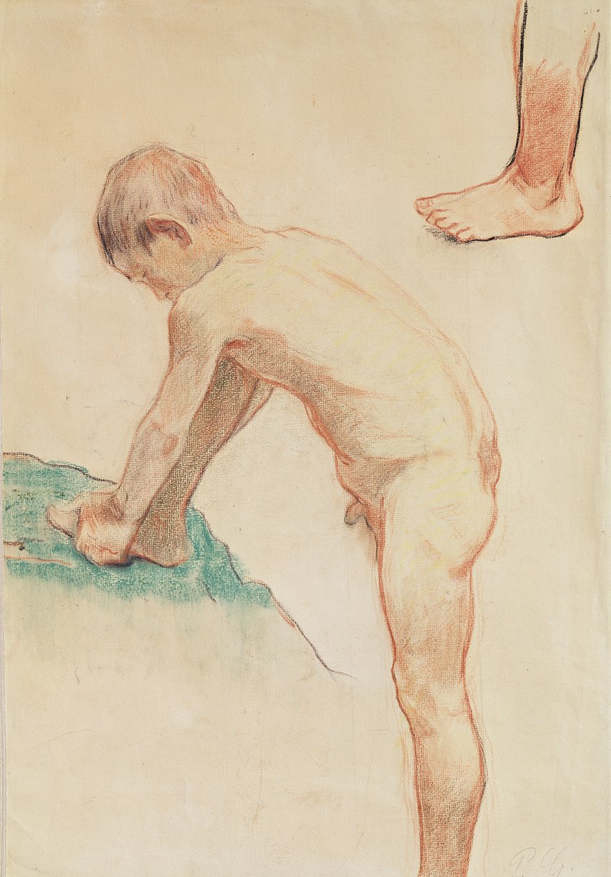Tanulmány egy fiúról és egy lábról, 1888 (piros kréta, szén és pasztell bézs papíron) (lásd még: 146451) alkotó: Paul Gauguin