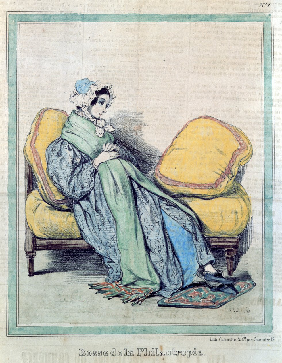 Terhes nő, A jótékonyság dudora, karikatúra a „Le Charivari”-ból, 1840 körül alkotó: Paul Gavarni