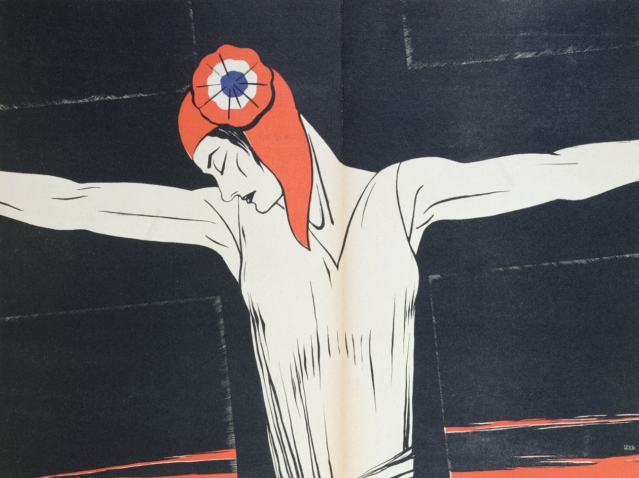Keresztre feszített Marianne, illusztráció Paul Iribe (1883-1935) "Parlons Francais" című művéből, kiadó: Editions Floury, Párizs 1934. alkotó: Paul Iribe