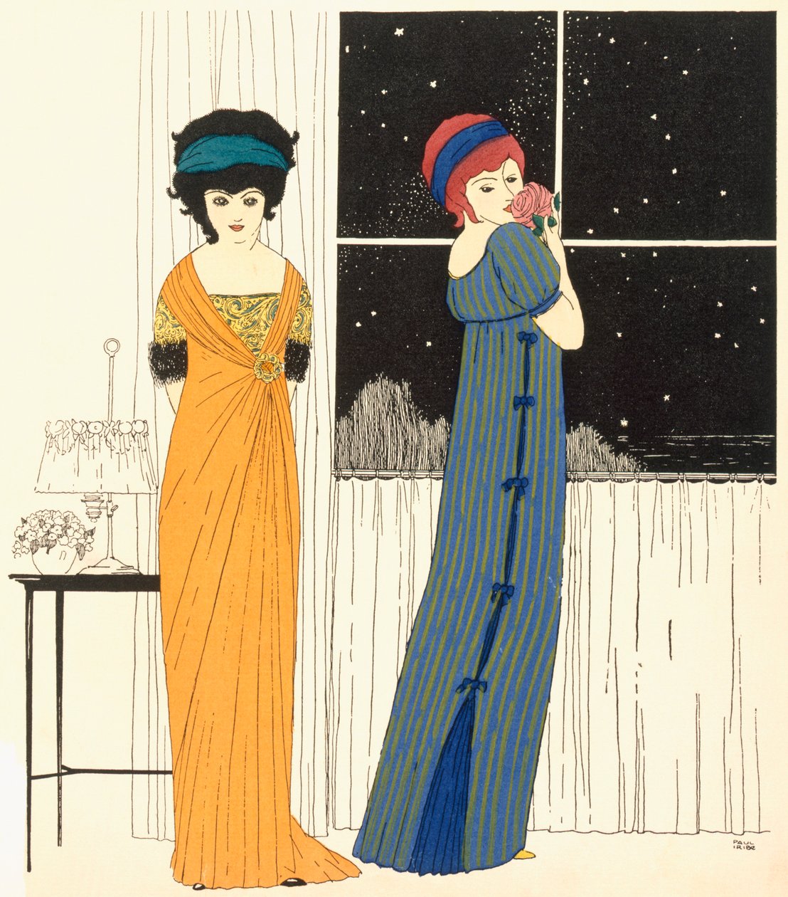 Két empire vonal estélyi ruha, a „Les Robes de Paul Poiret” 1908-ból (pochoir print) alkotó: Paul Iribe