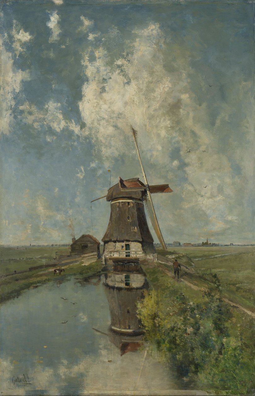Szélmalom egy polder vízfolyáson, ismert mint Július havában, 1889 körül alkotó: Paul Joseph Constantin Gabriel