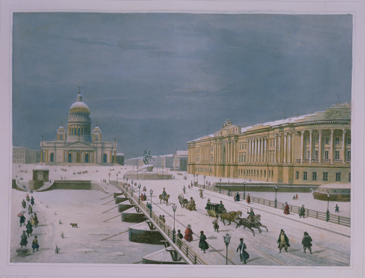 Az Izsák-székesegyház és a Szenátus tér Szentpéterváron, 1840-es évek (színes litó) alkotó: Paul Marie Roussel