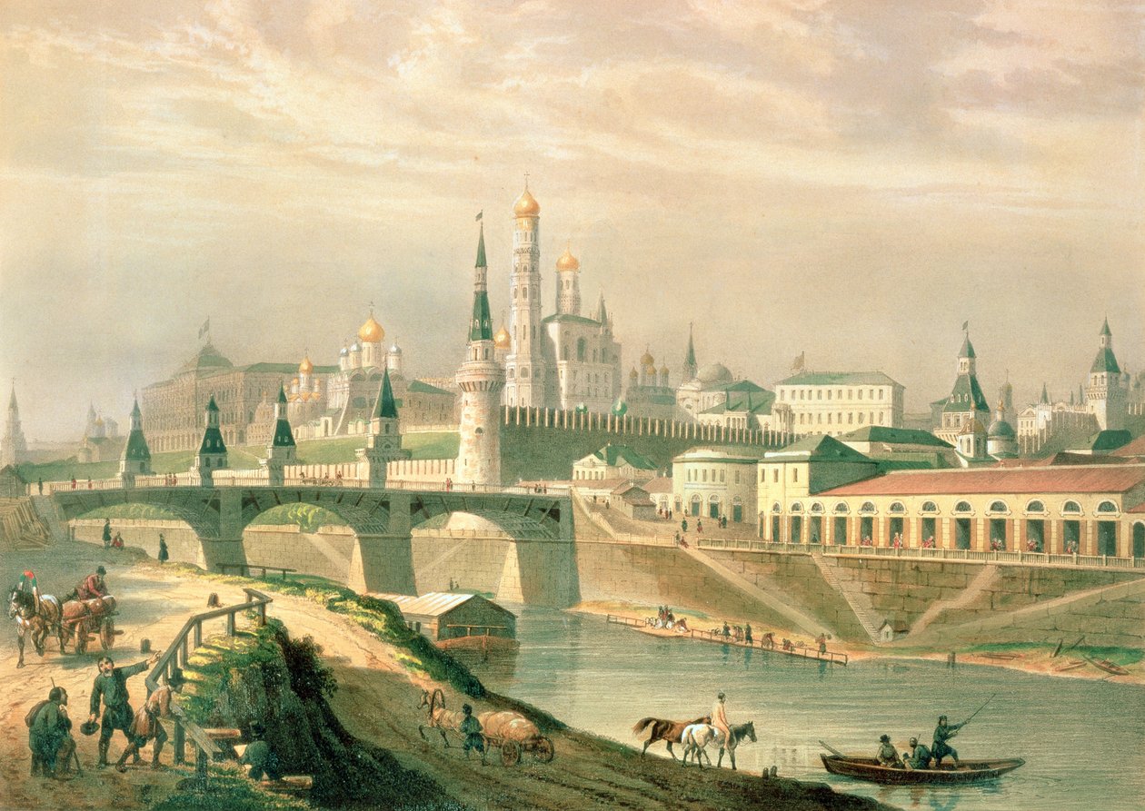 Kilátás a moszkvai Kremlre, 1830 (színes litográfia) alkotó: Paul Marie Roussel