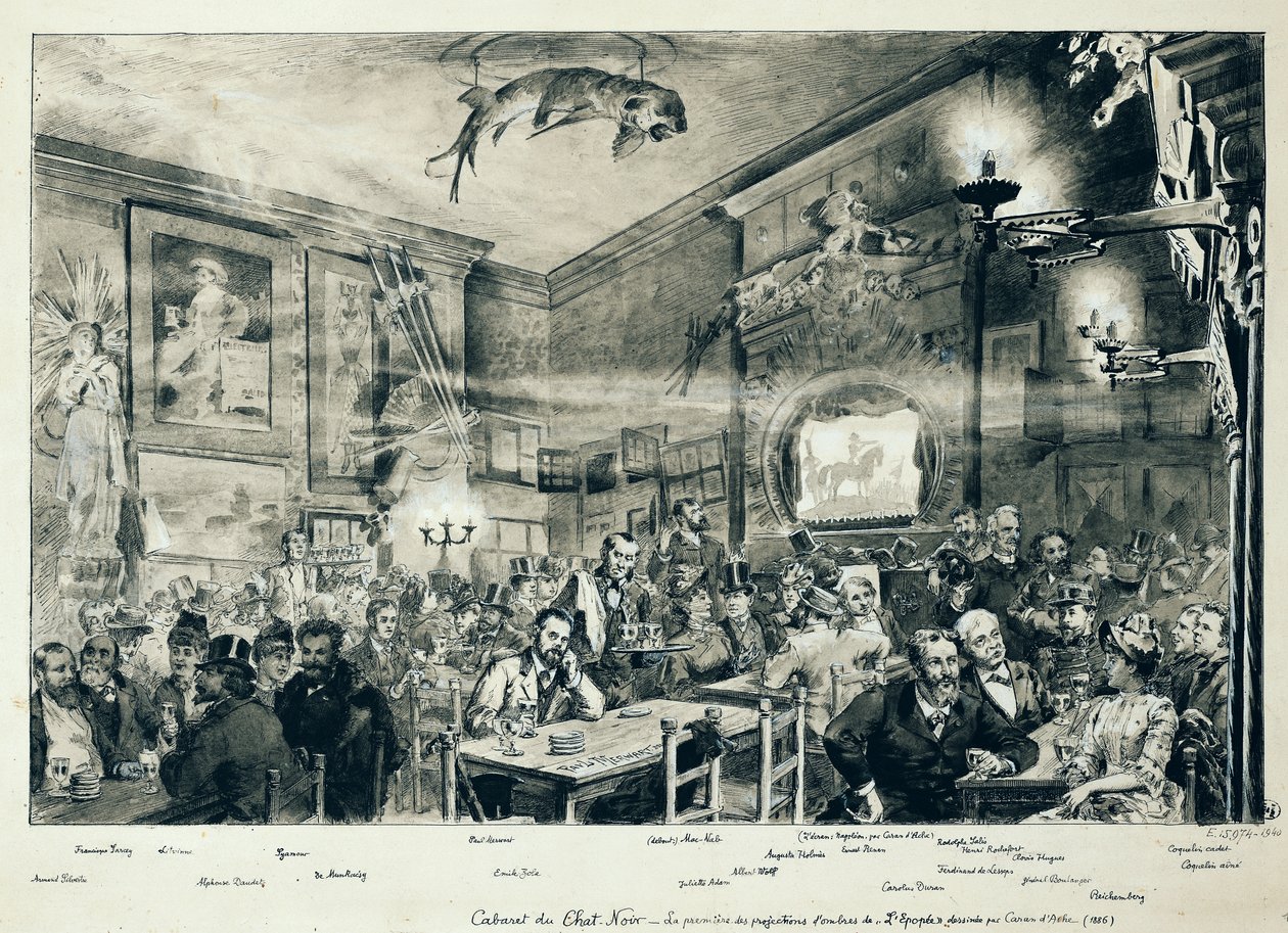 A Cabaret du Chat Noir, 1886 (toll, tinta és mosás papíron) alkotó: Paul Merwart