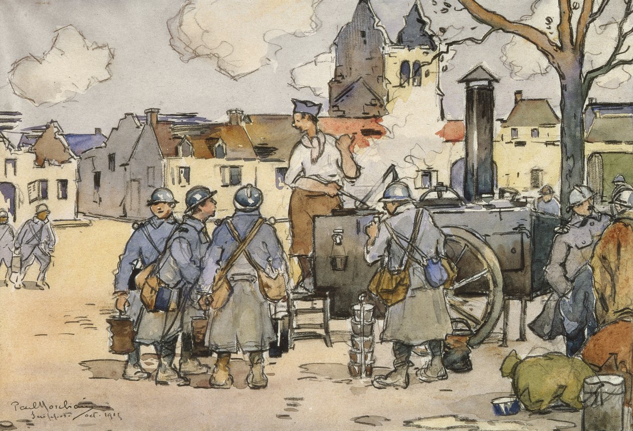 Francia mesterlövészek egy terepi konyhában, Marne, 1915. október (wc papíron) alkotó: Paul Morchain
