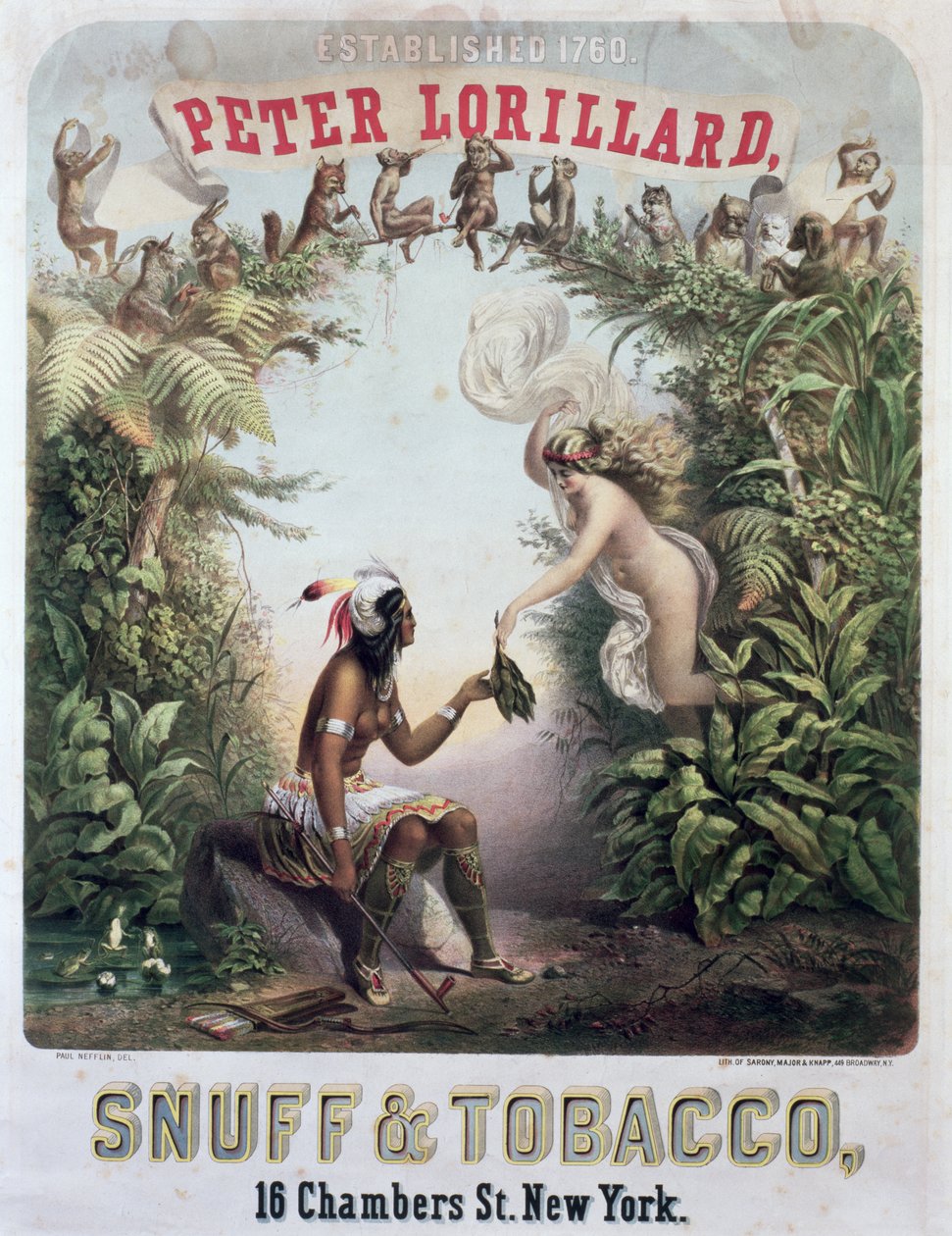 A Snuff and Tobacco reklámja, vésette Sarony, Major és Knapp, New York, 1860 körül alkotó: Paul Nefflin
