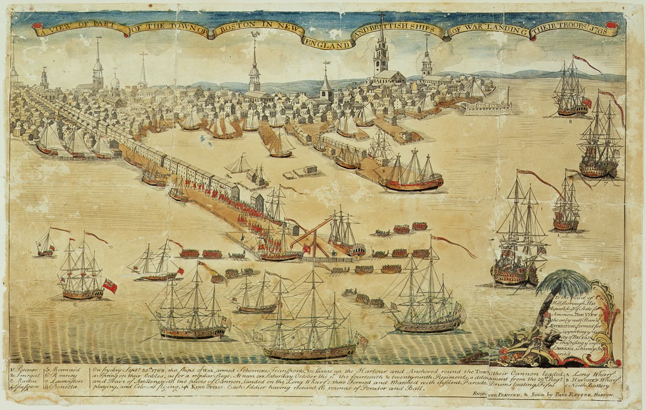 Kilátás Boston város egy részének New England-ben és a brit hadihajók partraszállásáról! 1768 alkotó: Paul Revere