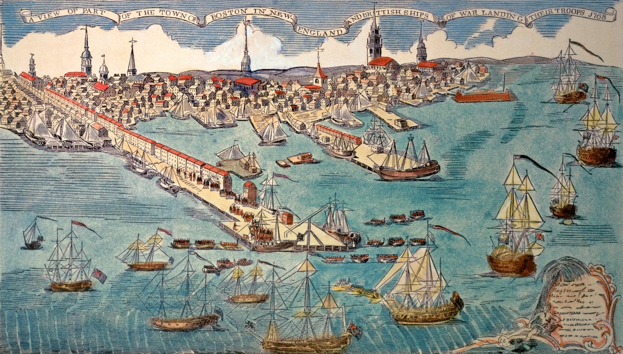 Kilátás Boston város egy részének New England-ben és a brit hadihajók partraszállásáról, 1768 (kézzel színezett metszet) alkotó: Paul Revere