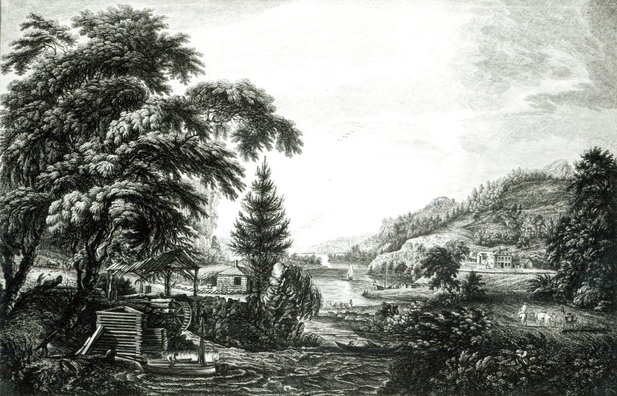 Egy amerikai telep vagy farm kezdetét és befejezését ábrázoló terv a „Scenographia Americana”-ból, James Peake metszete, 1768 alkotó: Paul Sandby