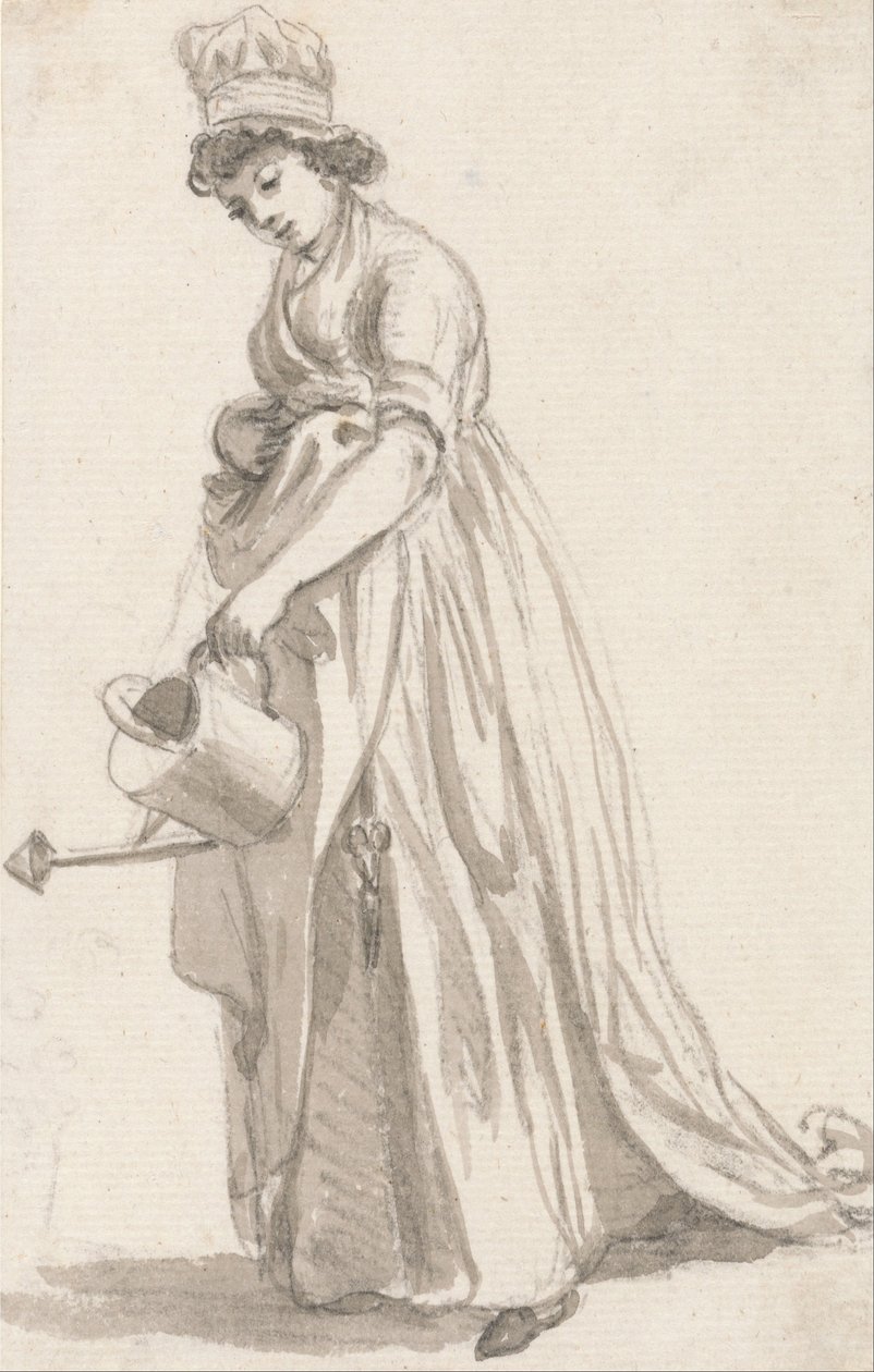 Egy lány öntözőkannával balra - Sarah Hough, Mrs. T.P. Sandbys Nursery Maid alkotó: Paul Sandby