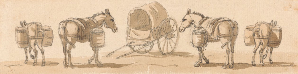 Négy öszvér táskákkal és egy szekérrel alkotó: Paul Sandby