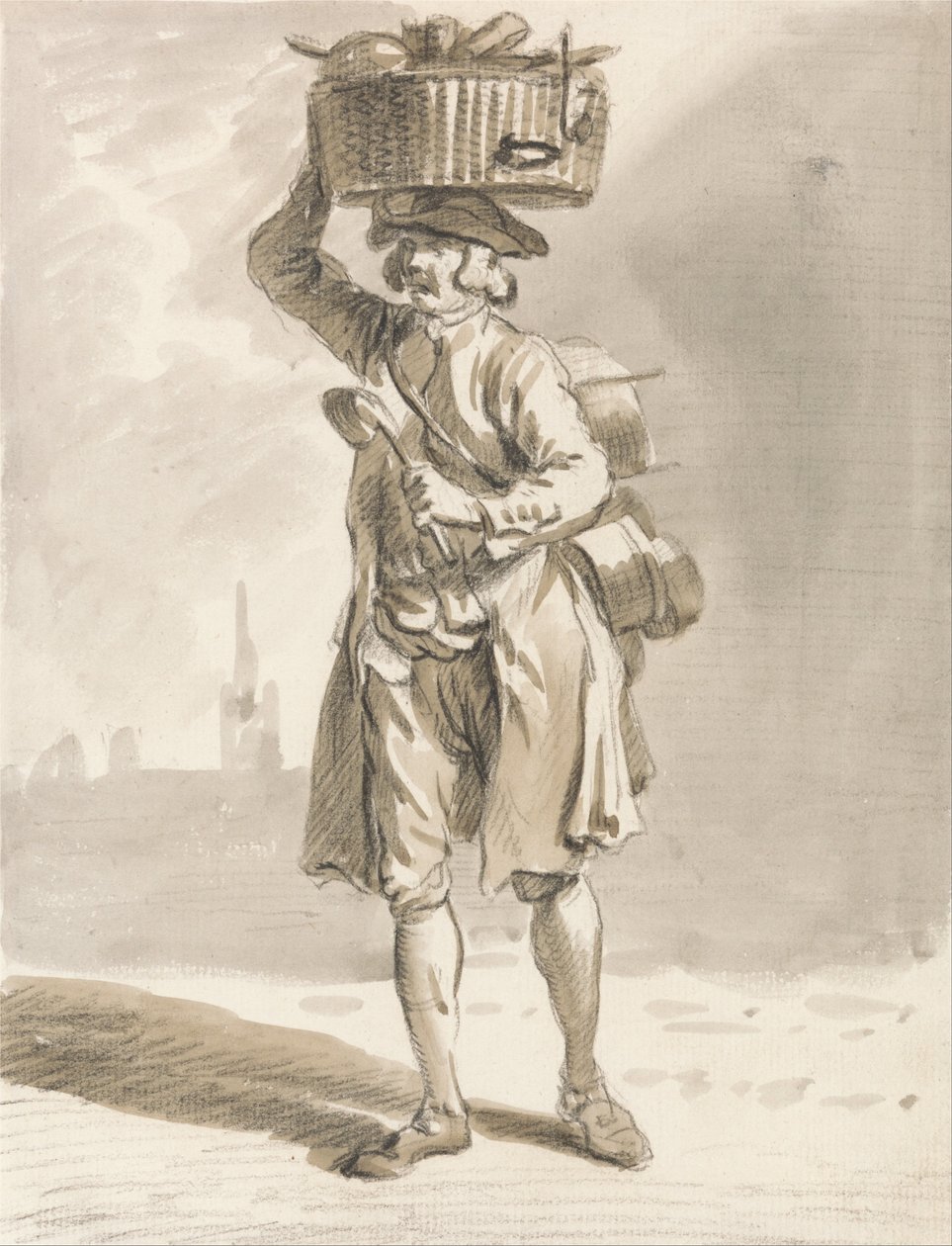 London sír- Egy ember kosárral (férfi edényeket és serpenyőket árul) alkotó: Paul Sandby