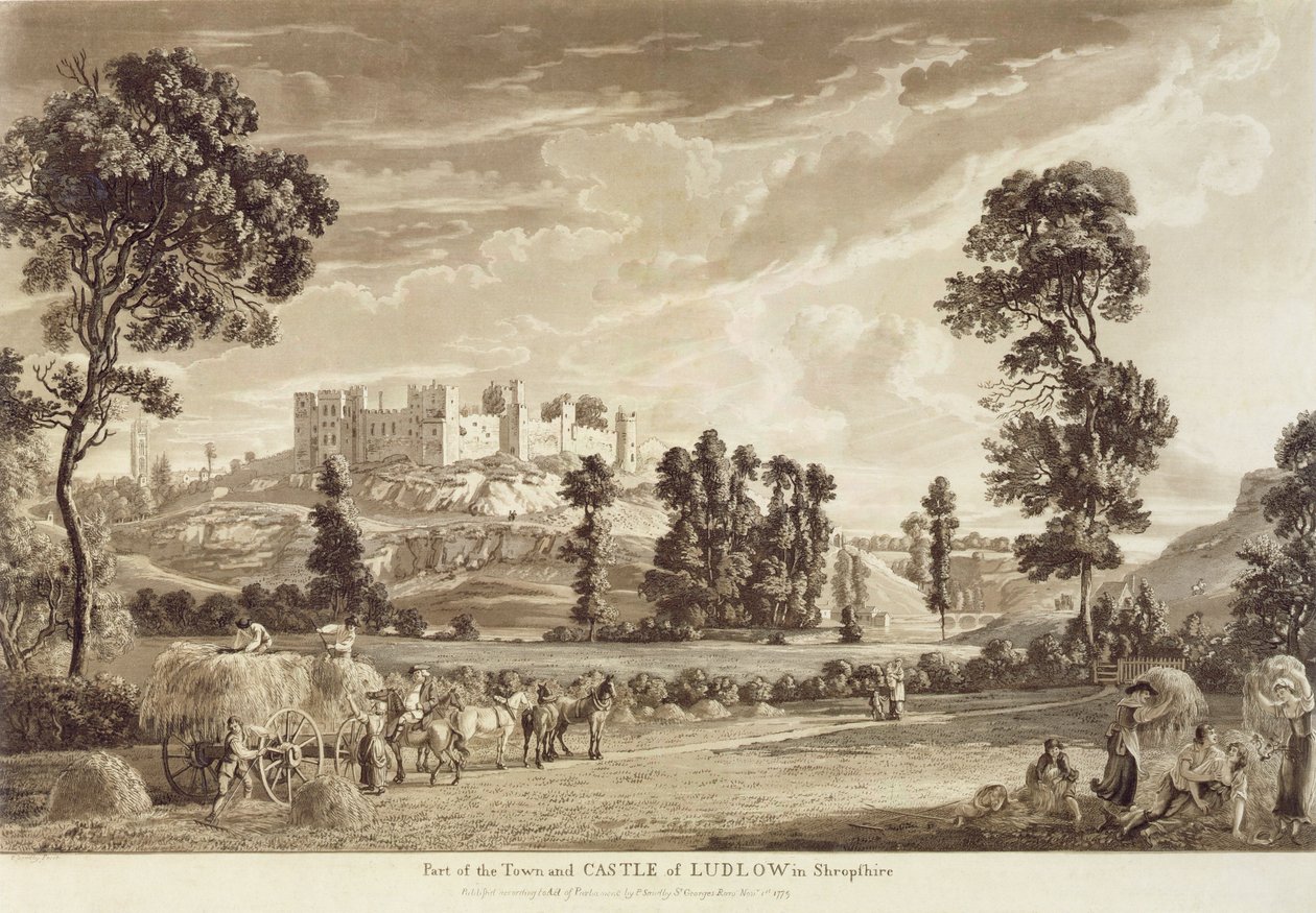Ludlow városának és kastélyának egy része Shropshire-ben, a művész metszetével, kiadó: P. Sandby, 1779 (akvatinta metszet) alkotó: Paul Sandby