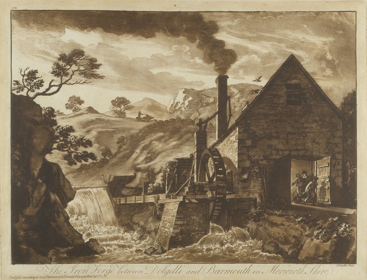 Az Iron Forge Dolgelli és Barmouth közelében Merionethshire-ben, a walesi Twelve Viewsből, 1776 (akvatinta) alkotó: Paul Sandby