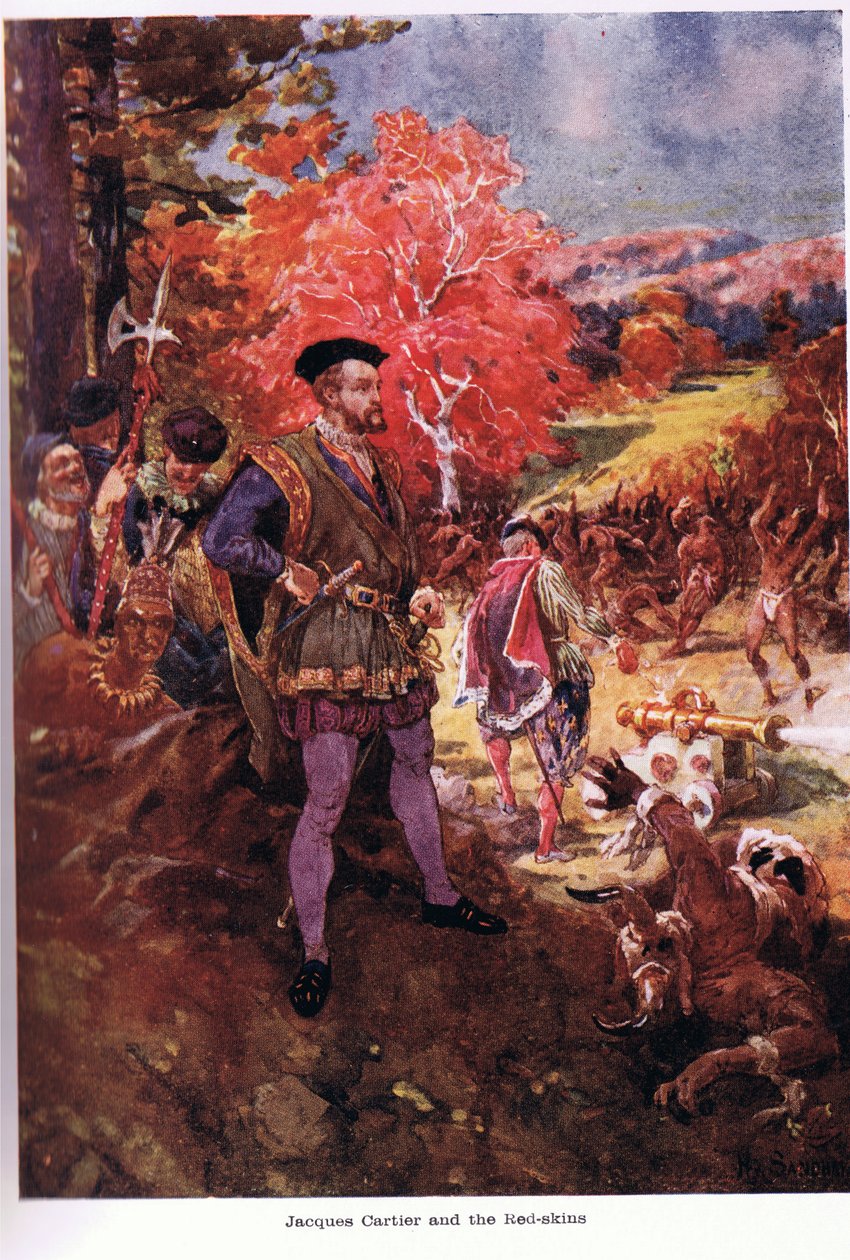 Jacques Cartier a rézbőrűekkel, illusztráció W.R.S. Scott "The Romance of Canada" című művéből. alkotó: Paul Sandham