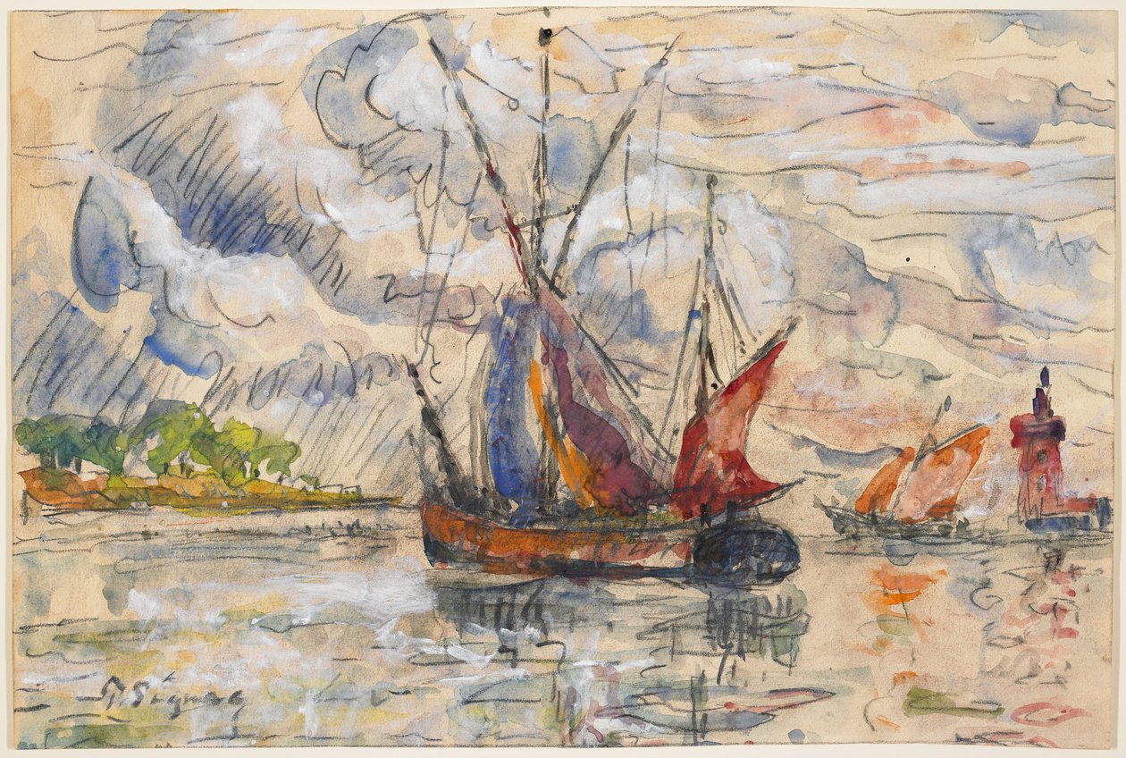 Halászhajók La Rochelle-ben, 1919-21 (grafit, wc és átlátszatlan fehér) alkotó: Paul Signac