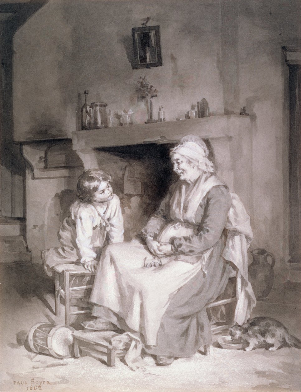 Belső vénasszonnyal és fiúval, 1862 (toll és tinta mosás papíron) alkotó: Paul Soyer
