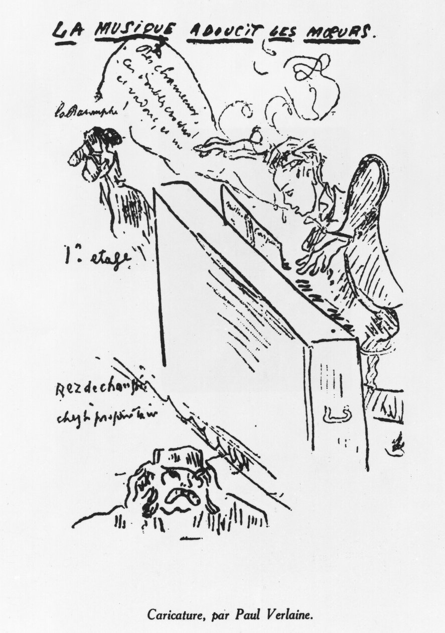 "A zene lágyítja az erkölcsöt", Arthur Rimbaud (1854-91) zongorázik alkotó: Paul Verlaine