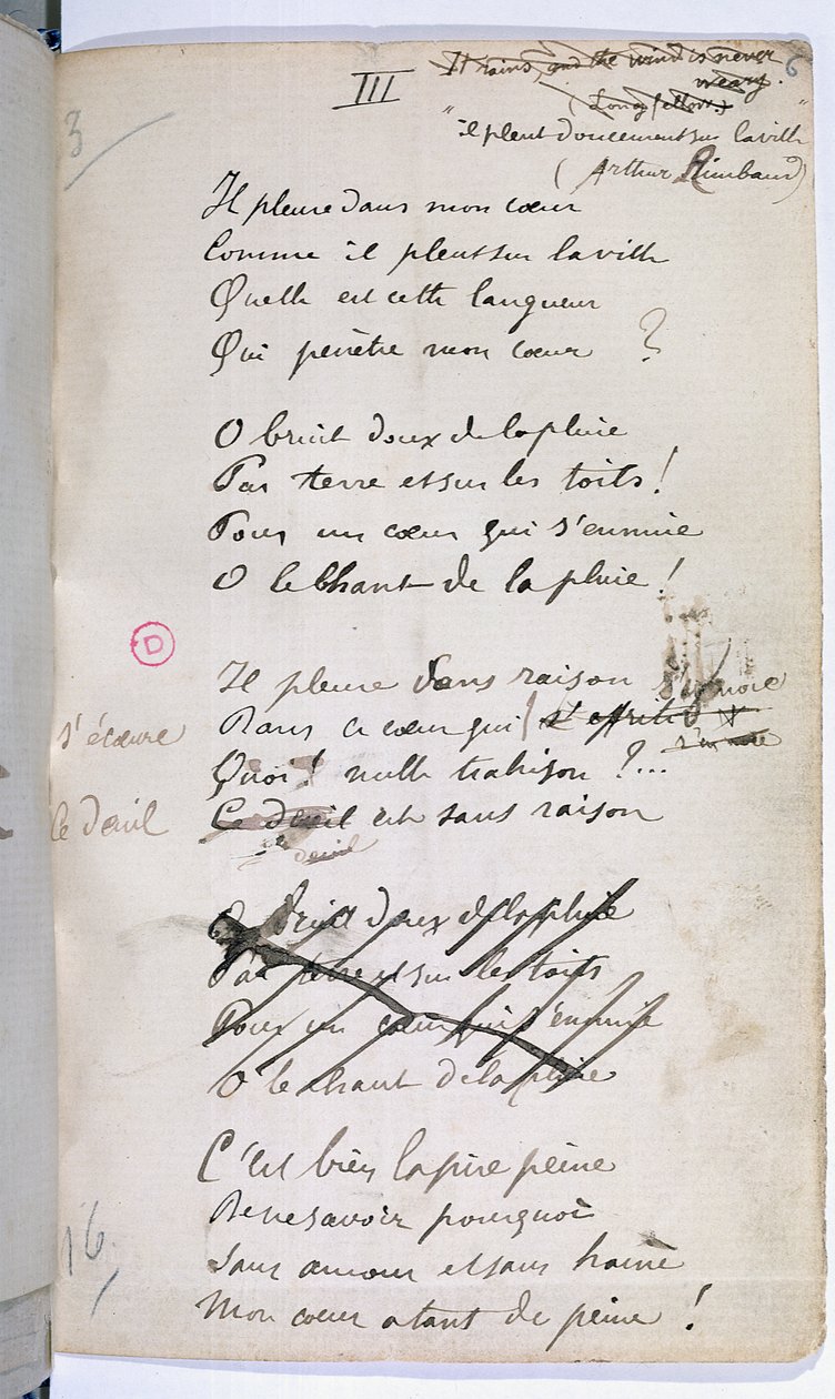 „Ariettes Oubliés, III” kézirata a „Romances Sans Parole”-ból, 1874 alkotó: Paul Verlaine