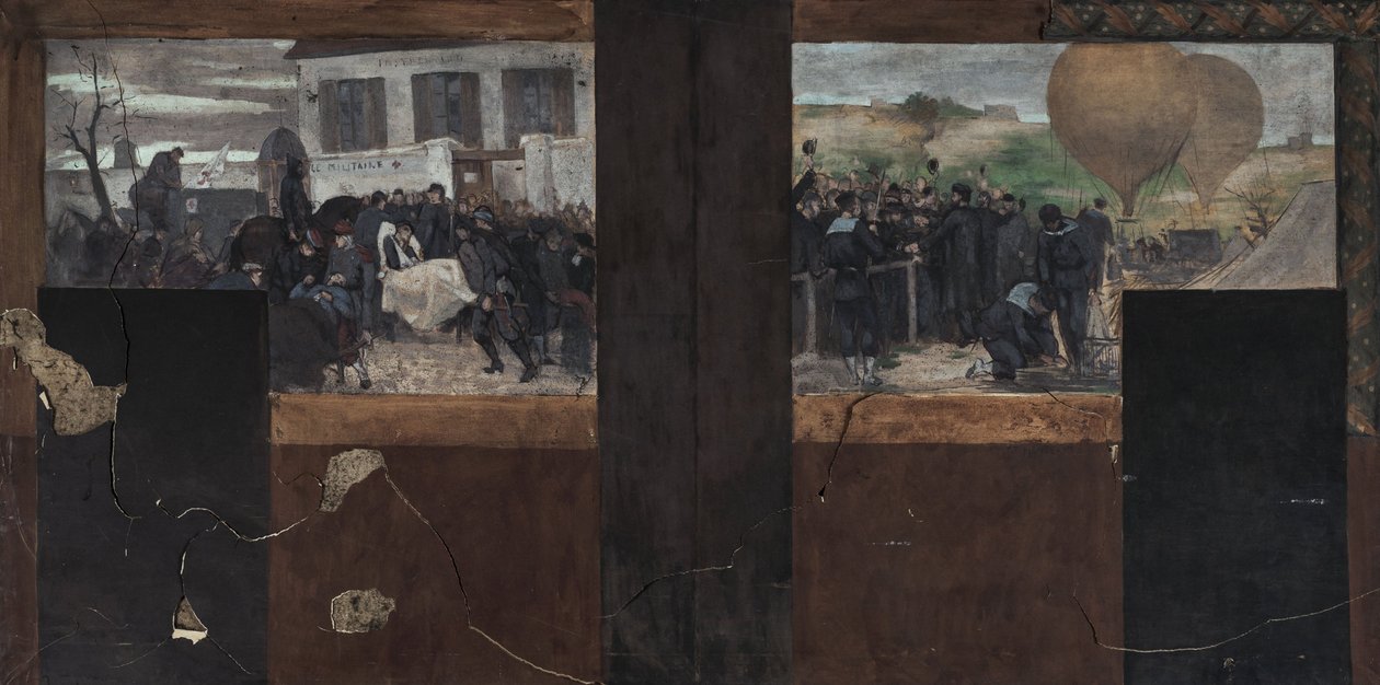 Vázlat a párizsi városháza prefektusi irodájához: A sebesültek szállítása a mentőautóhoz - Az Armand Barbès indulása alkotó: Paul Emile Mangeant