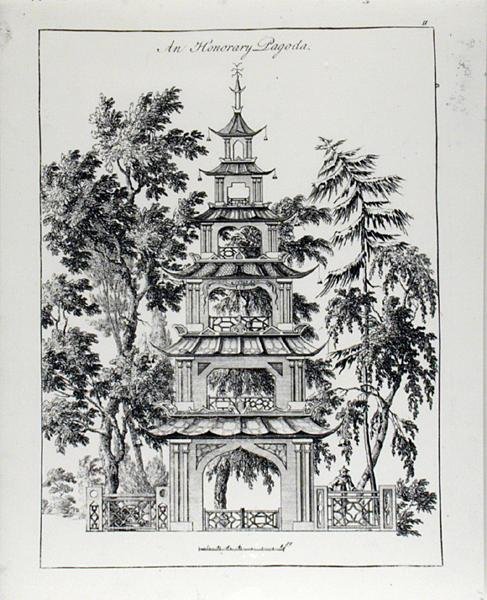 Tiszteletbeli pagoda, a „Kínai építészet, polgári és dísztárgyak”, 1759-ben megjelent (metszet) (f/w fotó) alkotó: Paul Decker