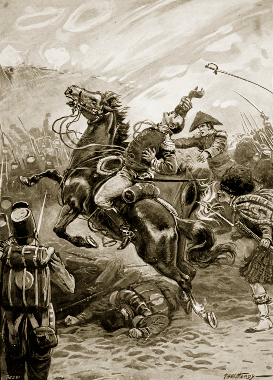 Sir Edward Pakenham halála, illusztráció a Tizenkilencedik század csatáiból, Archibald Forbes, G.A. Henty és Arthur Griffiths őrnagy (litho) alkotó: Paul (after) Hardy
