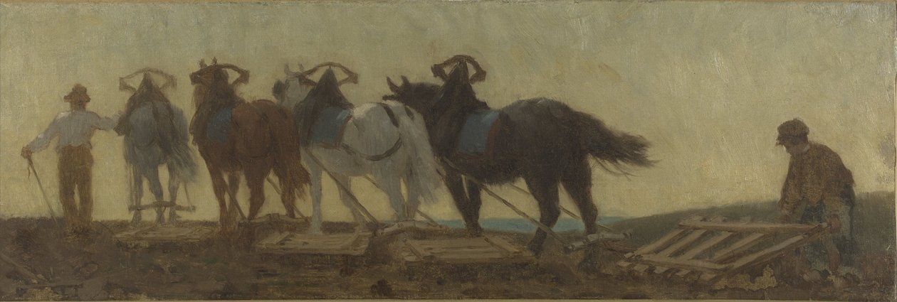 A búza története: szántás, vetés, boronálás: Vázlat a rue Dombasle-i iskola rajzterméhez. alkotó: Paul Albert Baudouin
