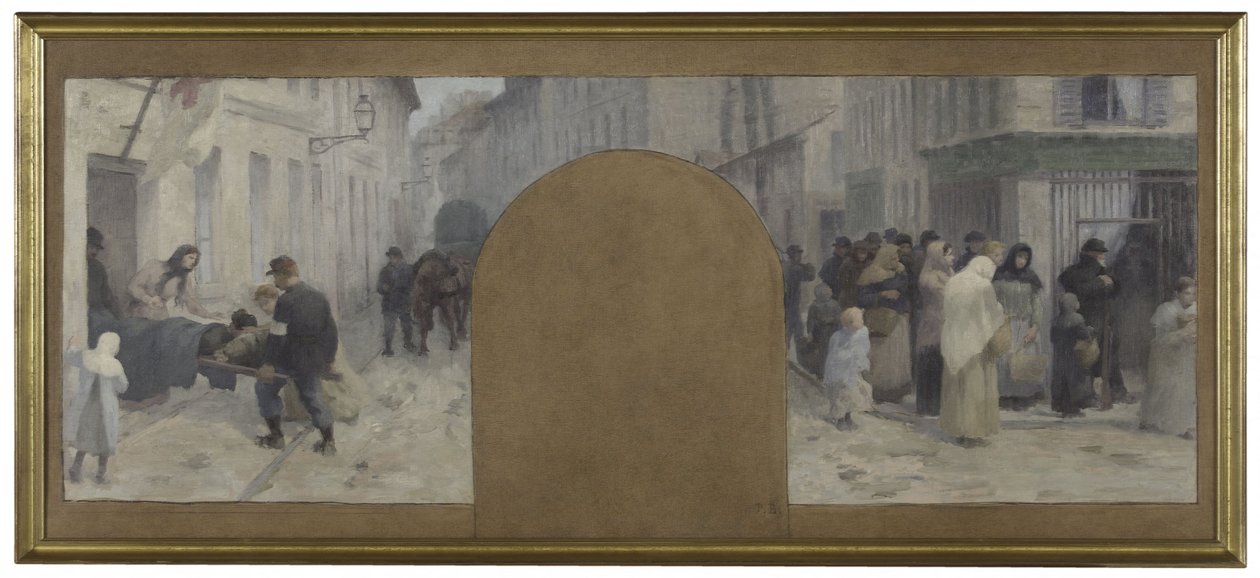 Vázlat a Hôtel de Ville de Paris, cabinet du préfet számára: A sebesültek szállítása a mentőautóba. Sorban állás egy üzlet előtt Párizs 1870-es ostroma idején. alkotó: Paul Albert Baudouin
