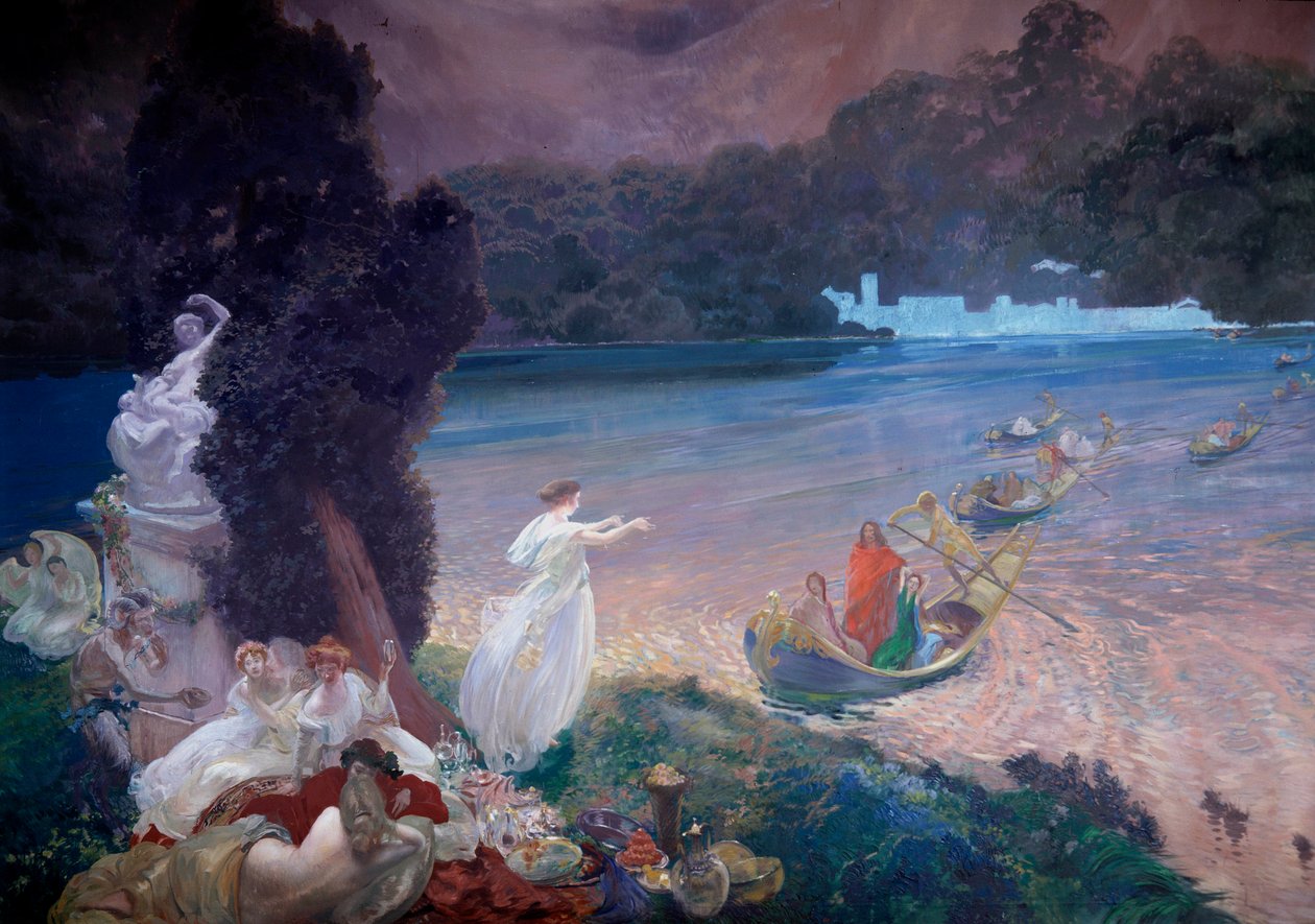 Boldog sziget: a mese jelenete, amely csónakokat ábrázol, amint vendégek csatlakoznak egy banketthez a füvön. Részlet Paul Albert Besnard (1849-1934) tapétára festett festményéről. 1900. Párizs, Dekoratív művészet alkotó: Paul Albert Besnard