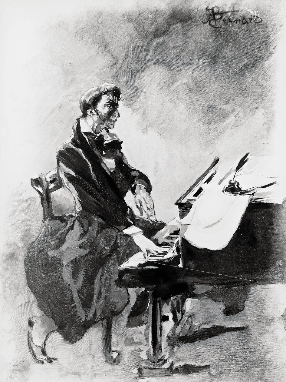 Frederic Chopin zeneszerző és zongoraművész zongorázik, Albert Besnard (1849-1934), akvarell alkotó: Paul Albert Besnard