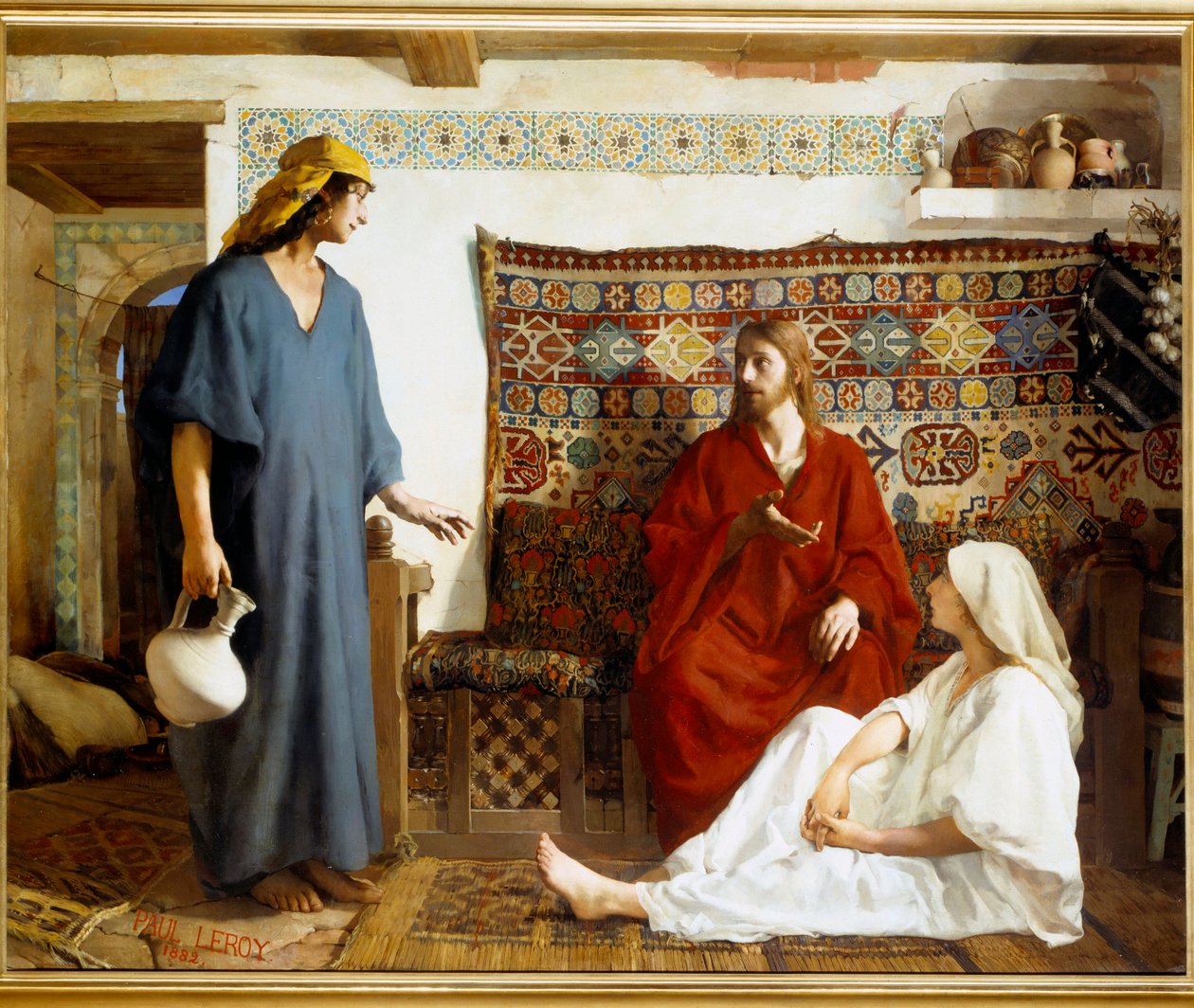 Jézus Mártánál és Máriánál – Sainte Marthe, Jézus Krisztus tanítványa és nővére, Marie de Bethanie – Paul Alexandre Leroy festménye (1860-1942) alkotó: Paul Alexander Alfred Leroy