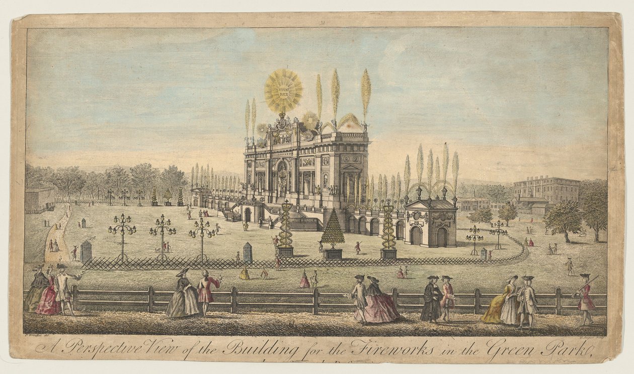 A tűzijáték épületének perspektivikus képe a Green Parkban, London, kb. 1749. alkotó: Paul Angier