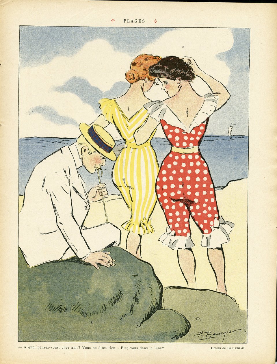 Illusztráció Paul Balluriauról (1860-1917) Le Rire-ben, 08.01.08 - Strandok - Szabadidő, szerelem, divat, tengeri tengeri tengerpart, fürdőruha alkotó: Paul Balluriau
