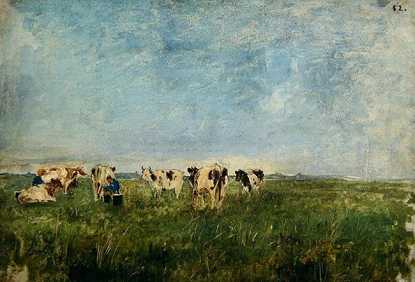 Tehenek a réten fejés közben (olaj, karton) alkotó: Paul Baum
