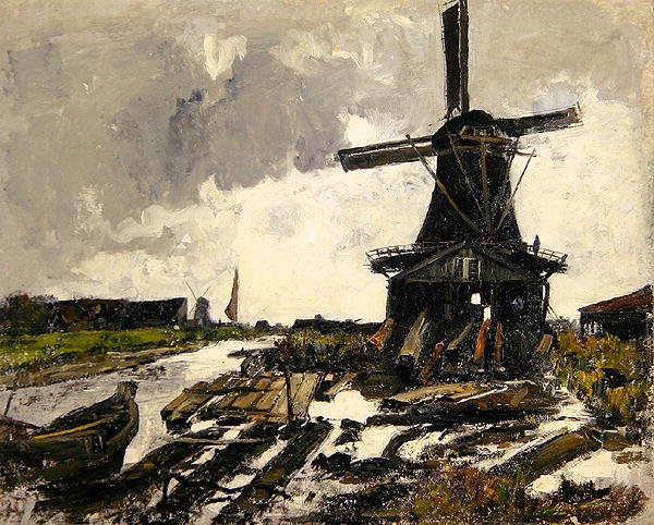 Holland, Csatorna-táj fafűrészes szélmalommal, 1885 körül (olaj, vászon) alkotó: Paul Baum