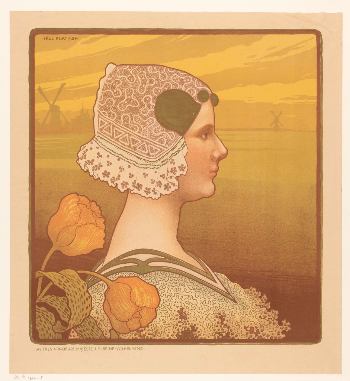 Vilmos királynő portréja népviseletben Sa très graceful majeste la reine Wilhelmine (cím a tárgyon) alkotó: Paul Berthon