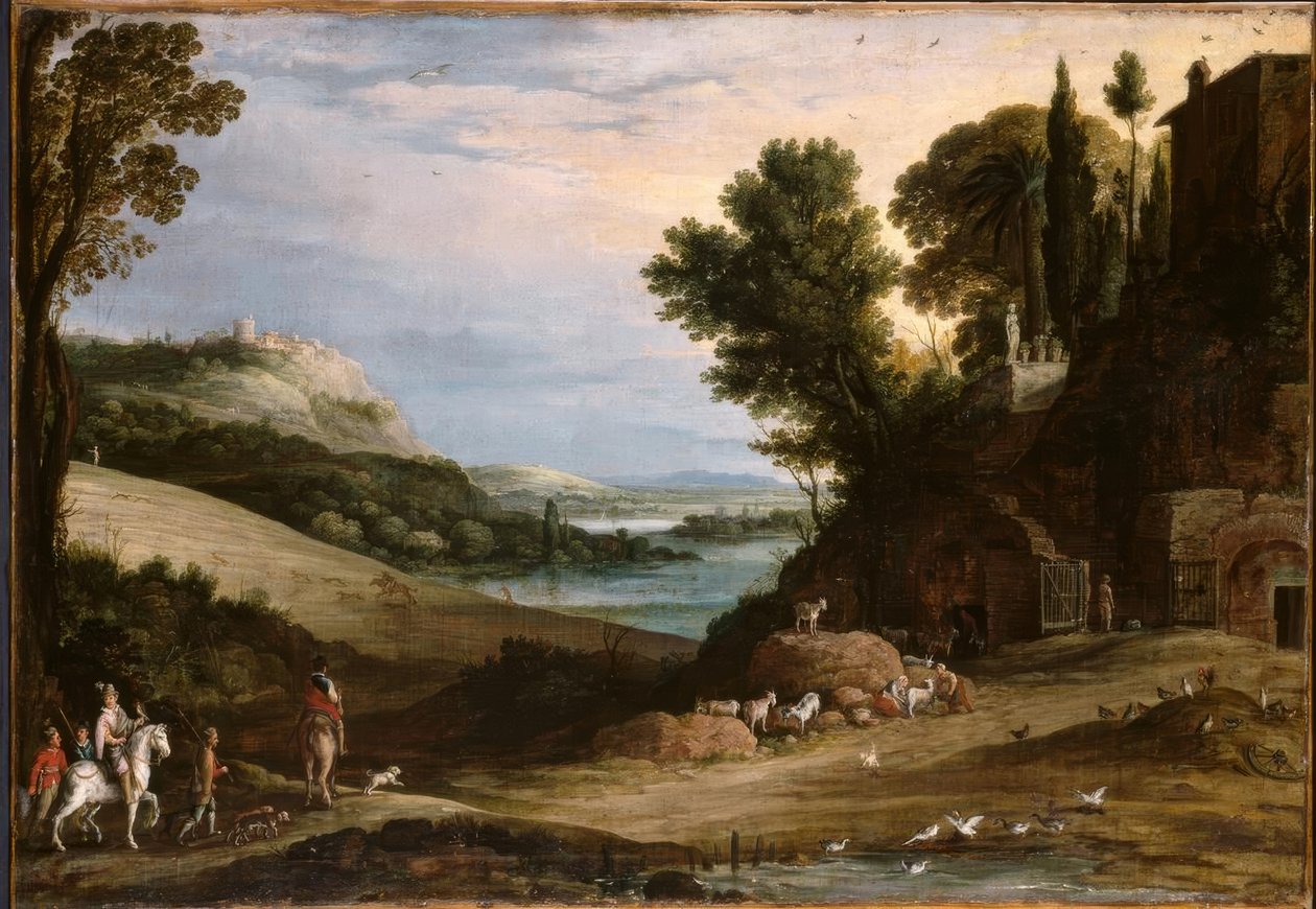 P.Bril, Italicising Landscape w. Falconry / festészet alkotó: Paul Bril
