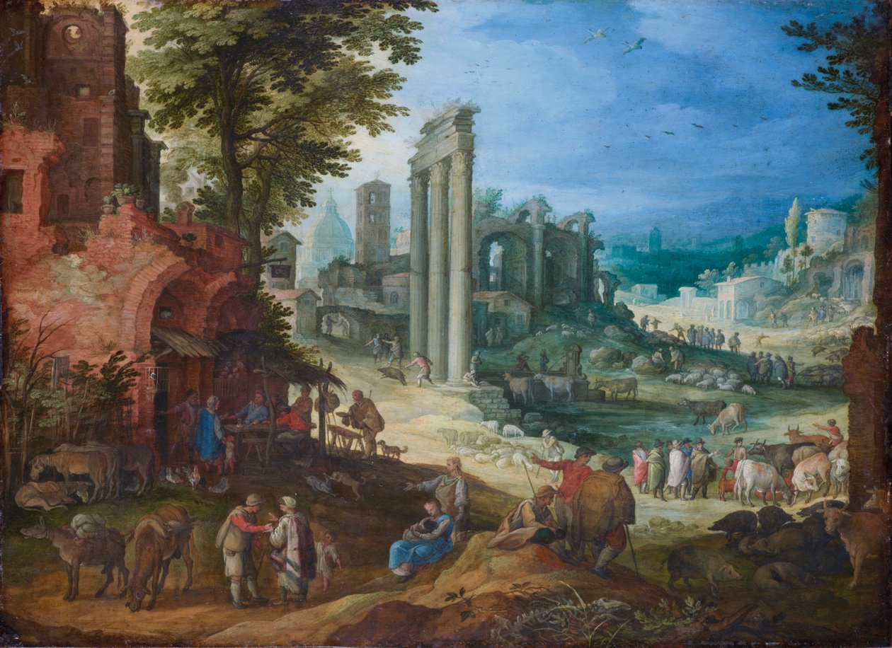 Kilátás a Forum Romanumra a Castor és a Pollux templom oszlopaival és a Hadrianus-bazilikával alkotó: Paul Brill