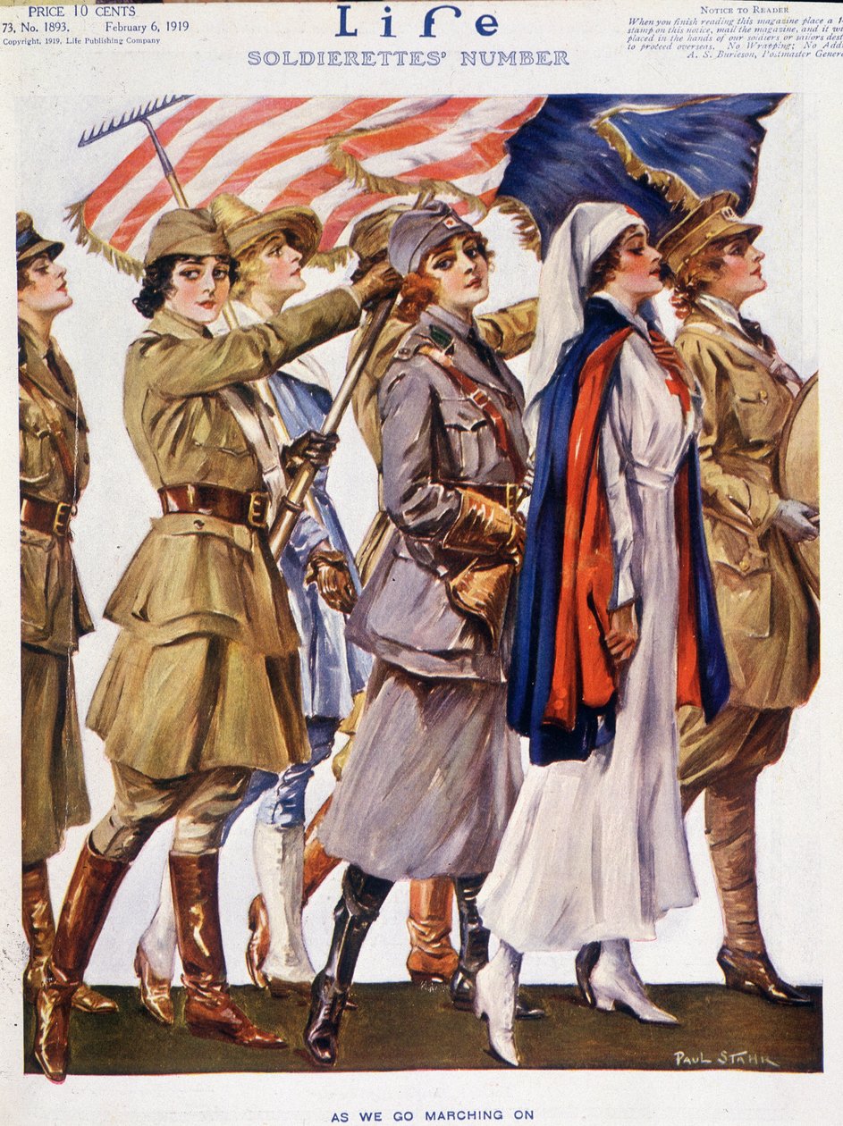Zászlóval repülő amerikai nők (katonák, farmerek, ápolónők), Stahr (1883-1953) - tehén. "Life", 1919. 02. 06. alkotó: Paul C. Stahr