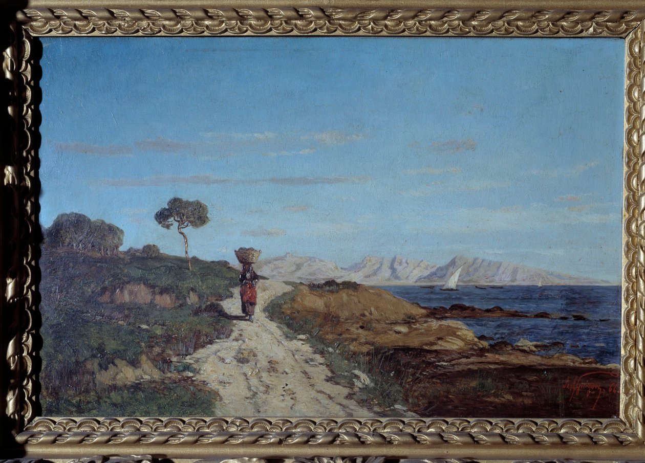 Marseille környékén 1866-ban: tengeri táj kosarat cipelő, úton sétáló nővel. Paul Camille Guigou (1834-1871) festménye. 1866. Kíváncsi. Perigord Múzeum alkotó: Paul Camille Guigou