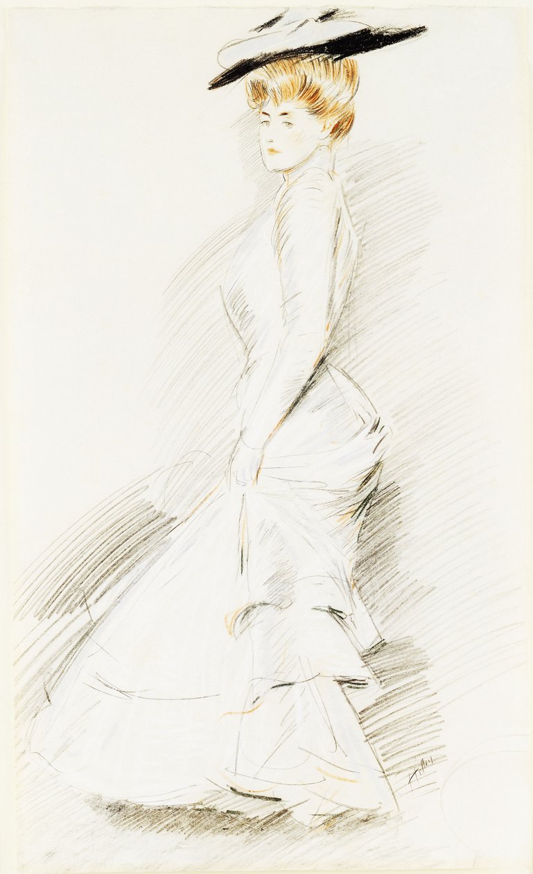 Egy elegáns hölgy fehér ruhában, alkotó: Paul Cesar Helleu