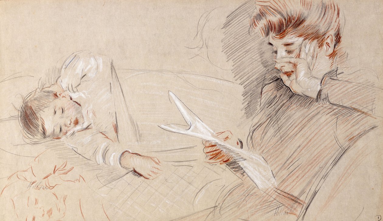 Madame Helleu Reading, Paulette-tel, aki mellette feküdt a kanapén, alkotó: Paul Cesar Helleu