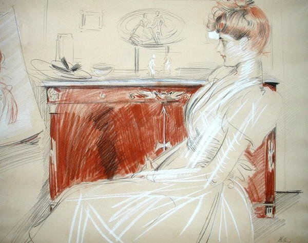 Madame Helleu a szalonjában, 1900 körül (ceruza és kréta papíron) alkotó: Paul Cesar Helleu