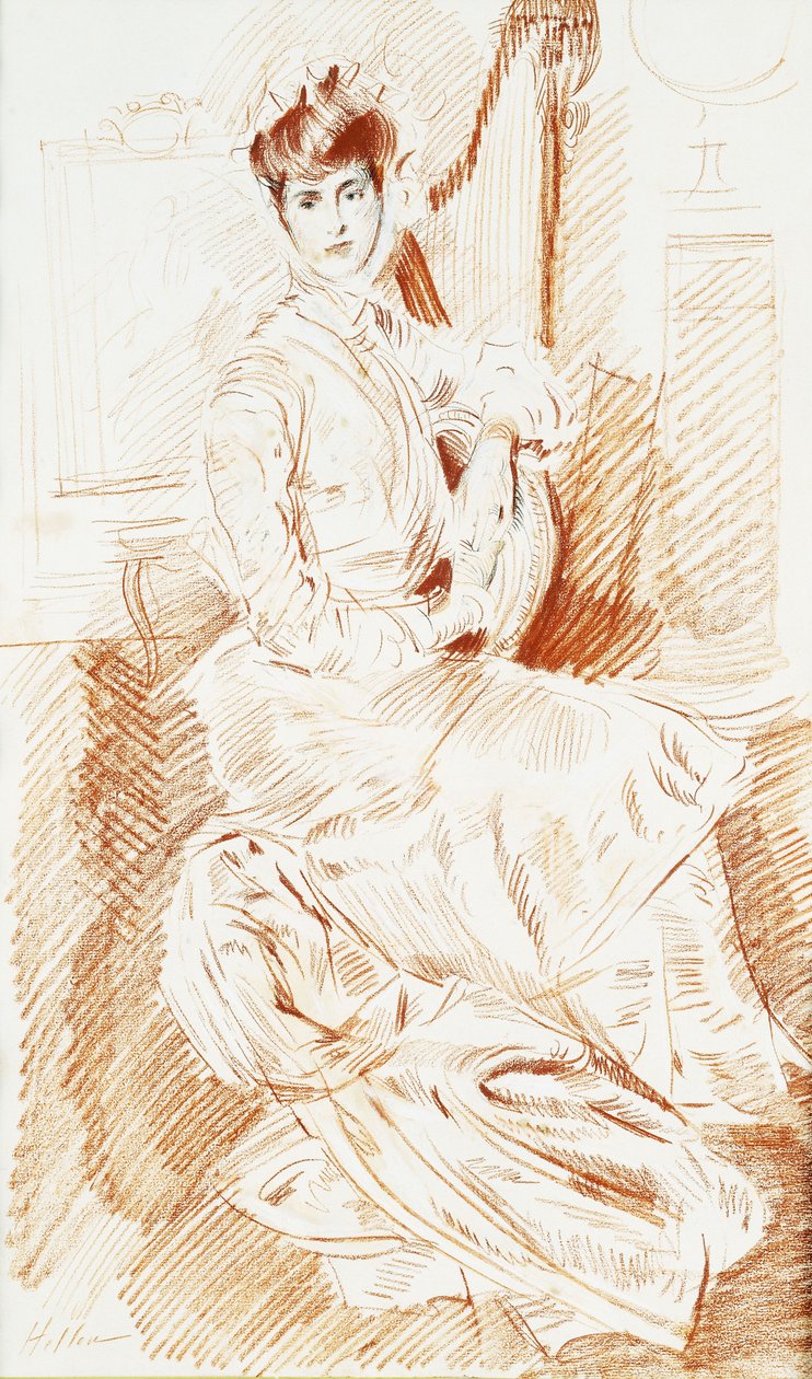 Madame Helleu hárfa mellett ülve, alkotó: Paul Cesar Helleu