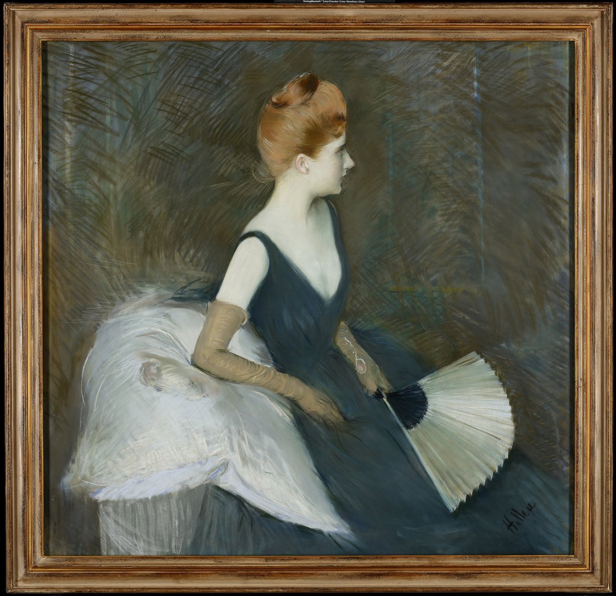 Madame Marthe Letellier ül a kanapén, kezében egy legyező, 1895 körül (pasztell, vászon) alkotó: Paul Cesar Helleu
