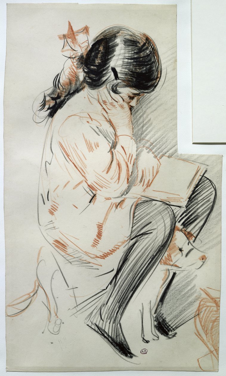 Paulette olvas, ül a játékkutyáján (színes ceruza papíron) alkotó: Paul Cesar Helleu
