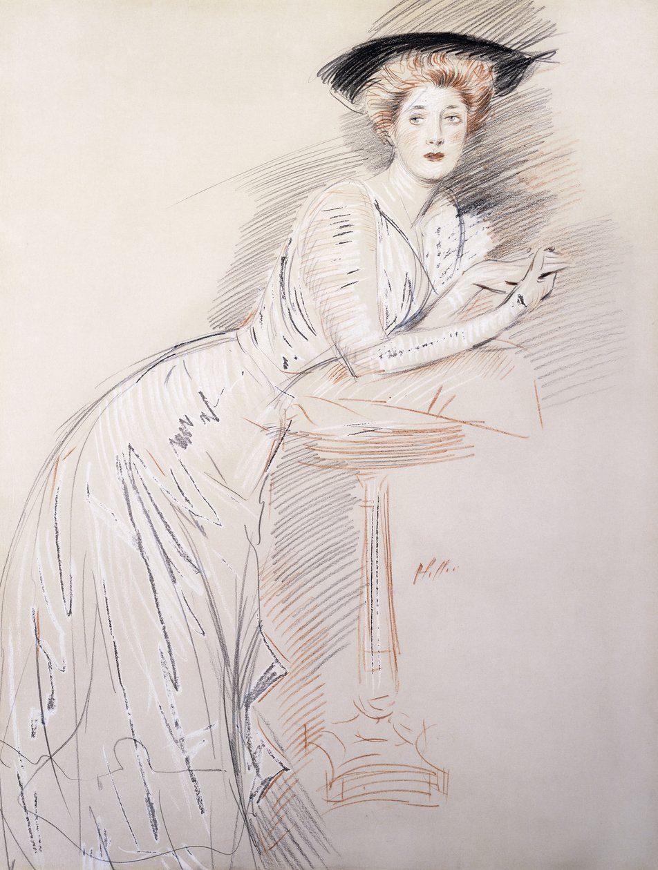 Miss Taylor portréja az asztalra támaszkodva, alkotó: Paul Cesar Helleu